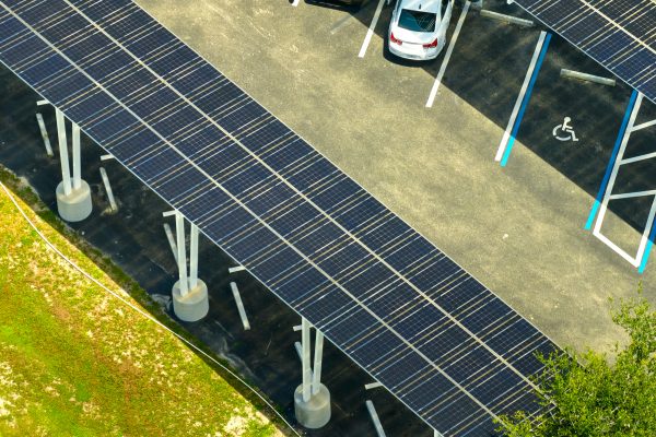 Aerial view of solar panels installed as shade roof over parking lot